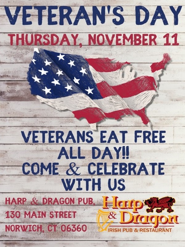 Veteran's eat free all day Veteran's Day 2021 Harp & Dragon Pub