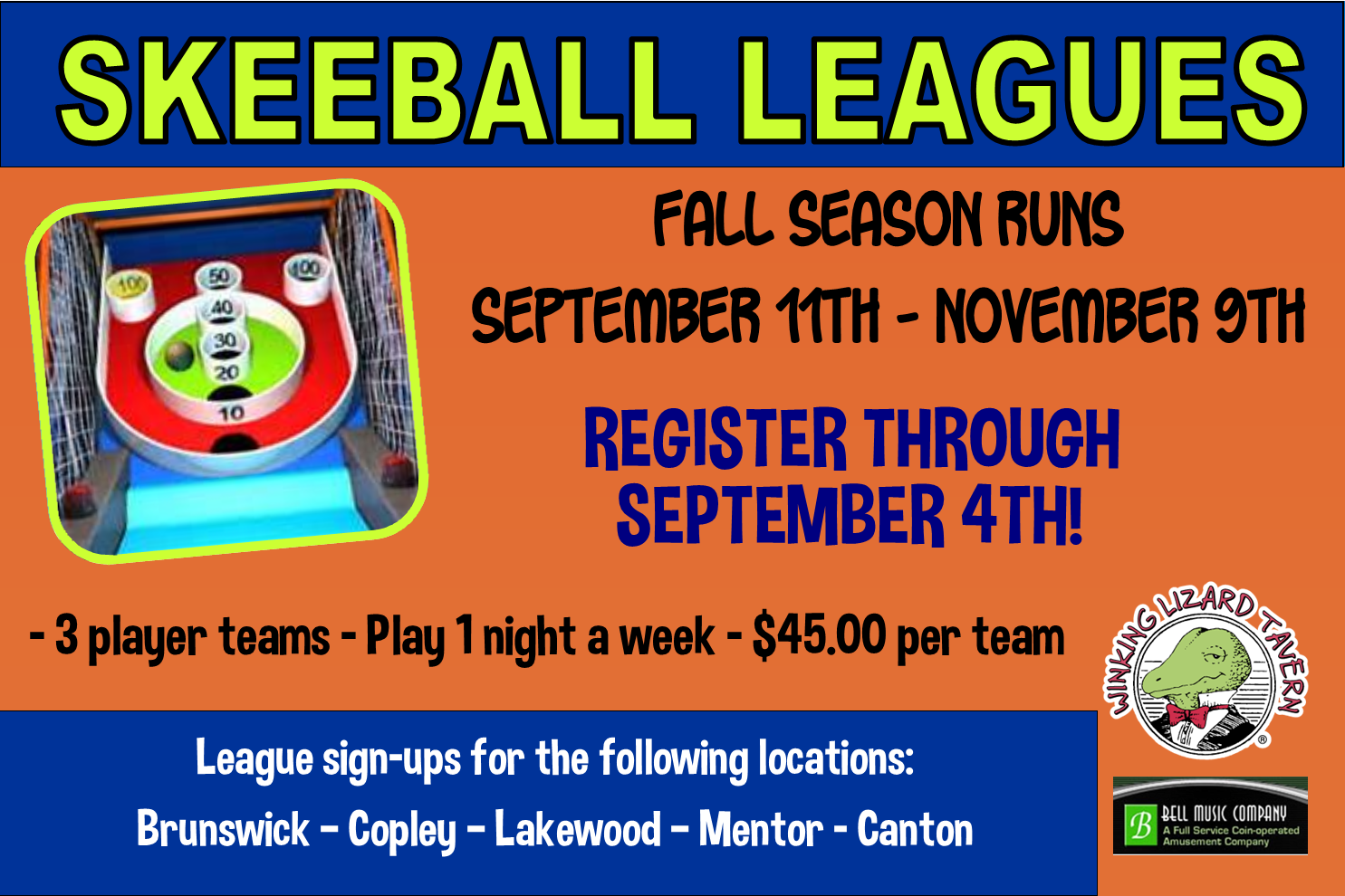 Fall 2023 Skeeball Leagues - Winking Lizard Tavern