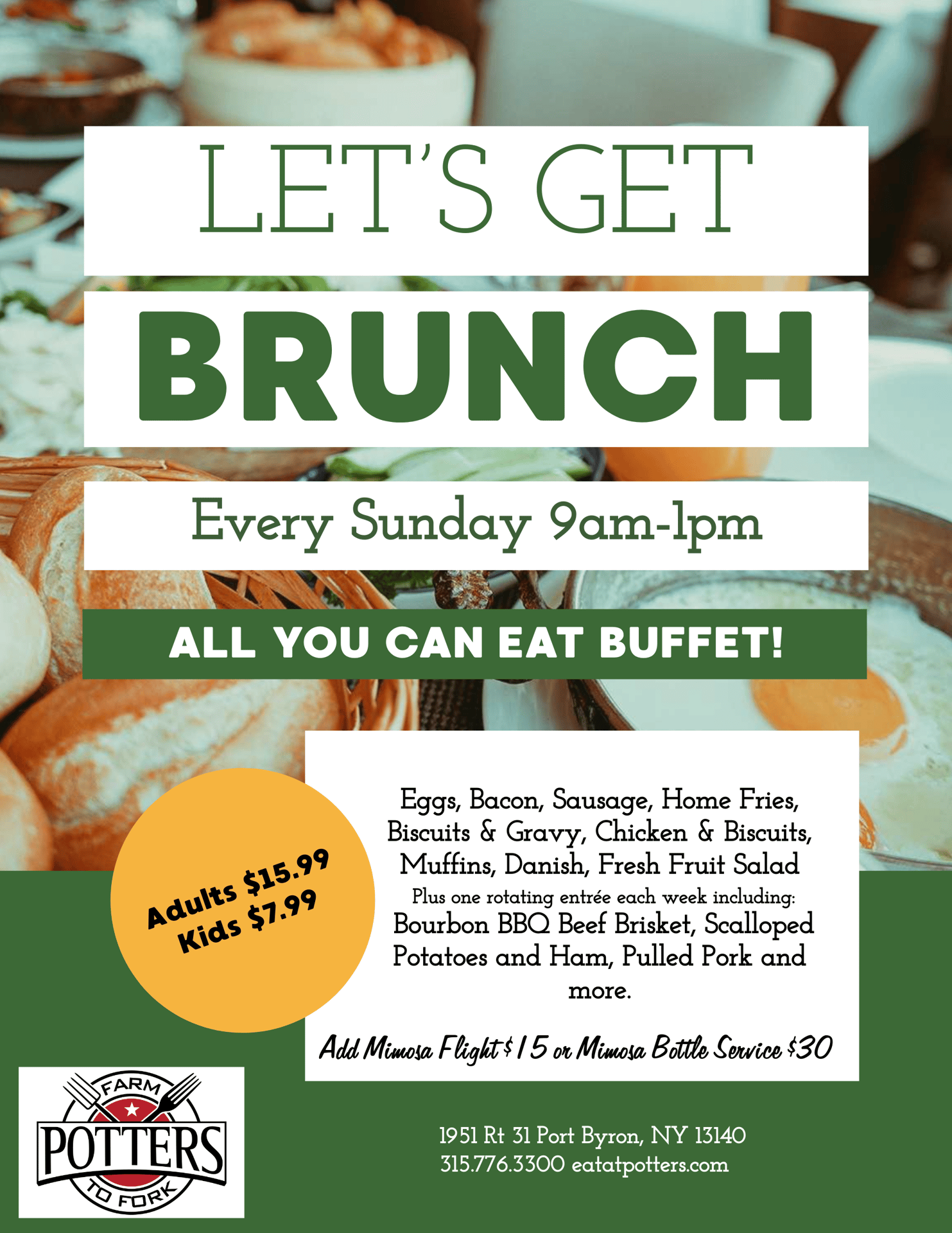 Sunday Brunch Buffet Potters Farm to Fork Restaurant & Bar in Port Byron, NY