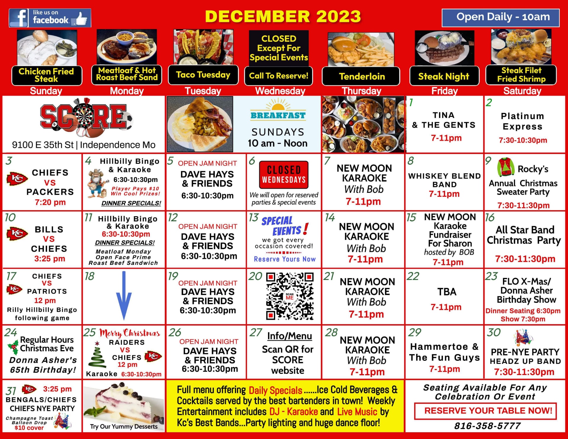 December Complete Events Calendar Score Sports Bar & Grill