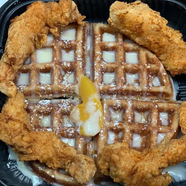 tenders and peach cobbler waffle