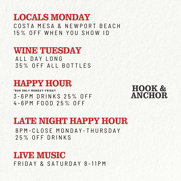 New Happy Hour Times Hook Anchor Seafood Restaurant in CA