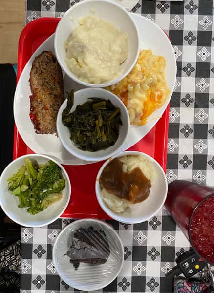 Cafeteria Style: One trip Meat | Veggies | Bread | Cobbler | Tea