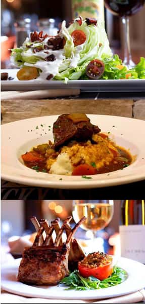 BLT Wedge Salad, Braised Boneless Beef Short Ribs, Mashed Potatoes, Carrots & Pearl Onions, Cabernet Reduction on a white dish, and 8-bone New Zealand Rack of Lamb and glass of white wine