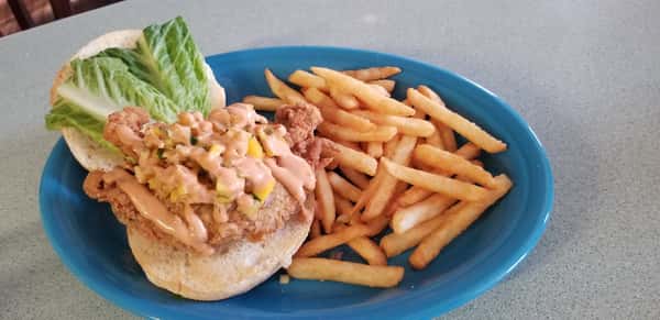 soft shell crab with mango pineapple salsa and fries