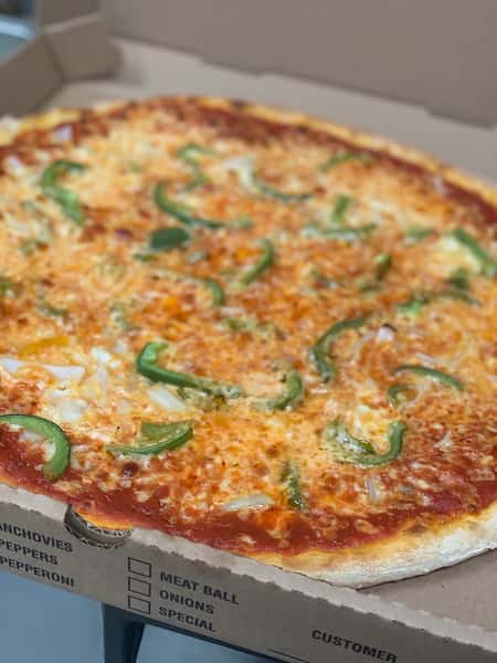 open box of cheese pizza with green peppers