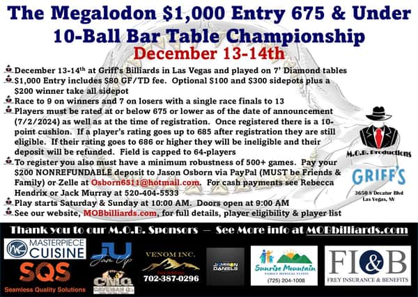 2025 Megalodon $1,000 Entry 675 & Under Bar Table 10-Ball