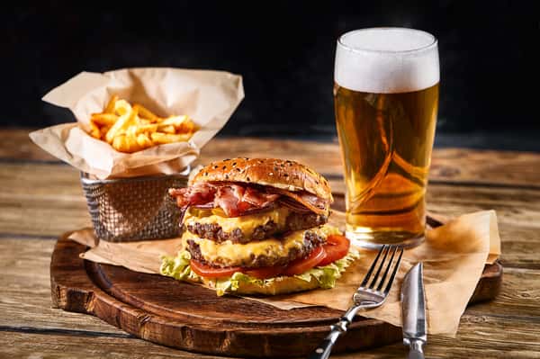burger, beer and fries