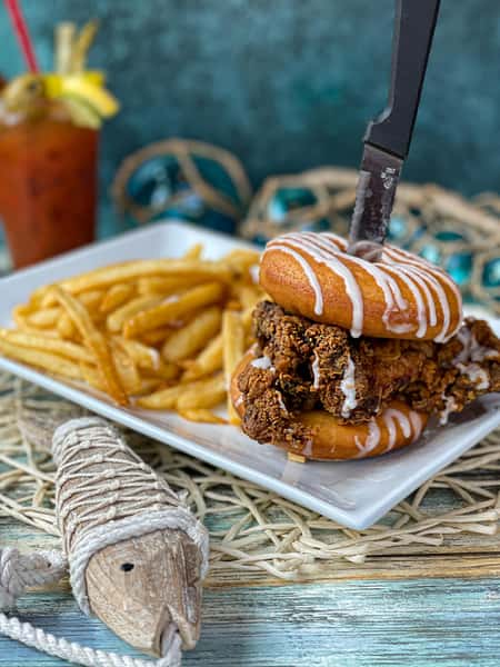 Chicken Doughnut Sandwich with Fries and Bloody Mary