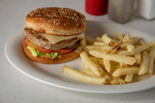 Turkey Cheeseburger and fries