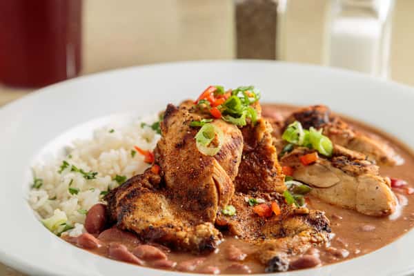 red beans, rice, and grilled chicken