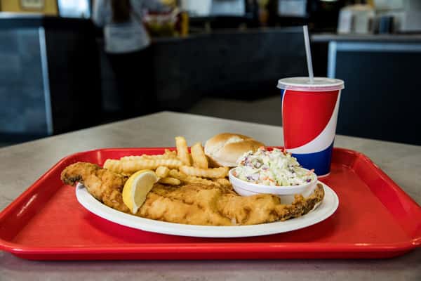 fried fish, french fries and cole slaw