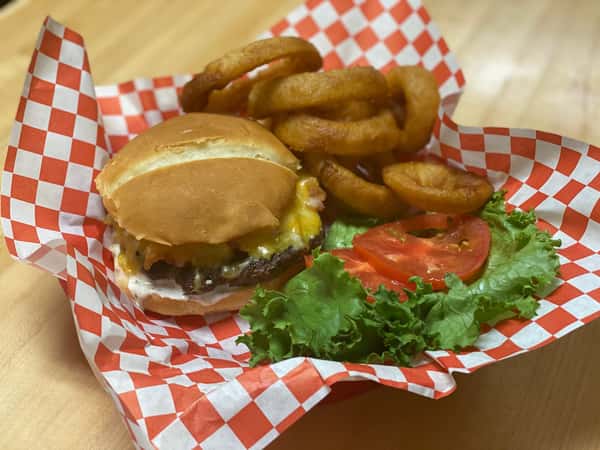 Ranch Burger with Beer Battered Onion Rings