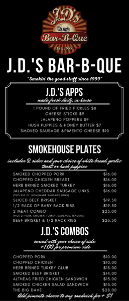 Menu - JD's Bar-B-Que - Barbecue Restaurant In GA