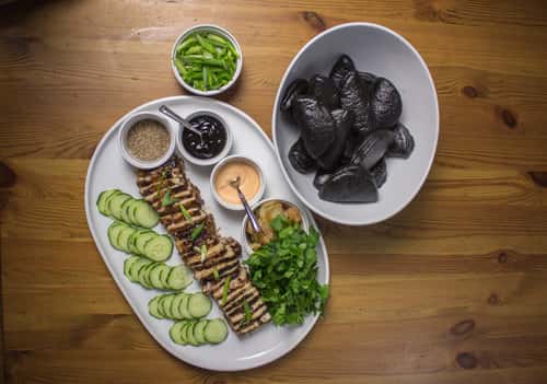 tray of appetizers and mussels