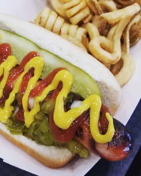hotdog with relish and mustard