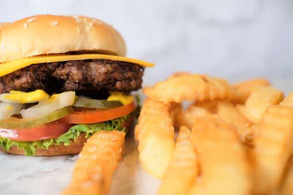 cheese burger with crinkle cut fries