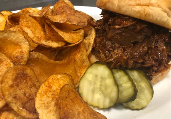 Fire Chief BBQ Sandwich With Burnt Ends, Pulled Pork, & Rib Meat Mixed with Our Original BBQ Sauce
