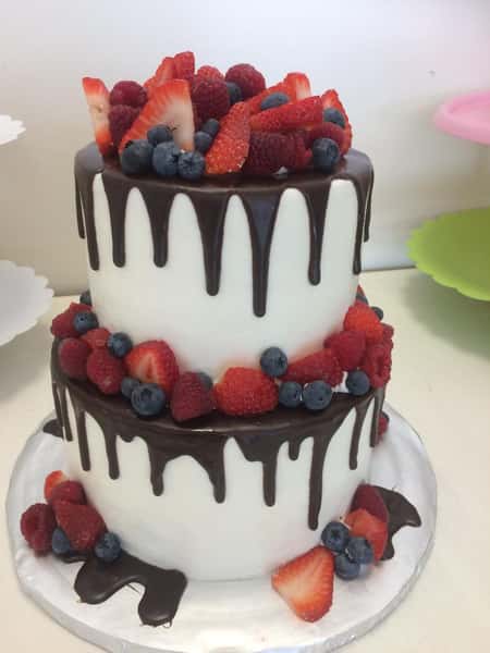 fruit with chocolate drip party cake