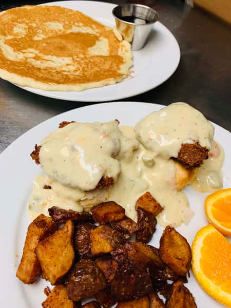 chicken and biscuits and pancake