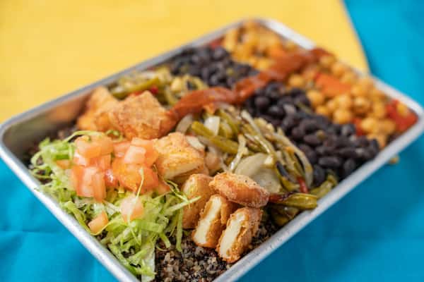 rice, beans and salad