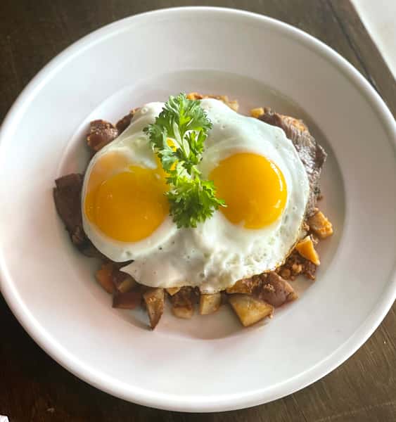 Steak and Eggs over Chorizo Hash