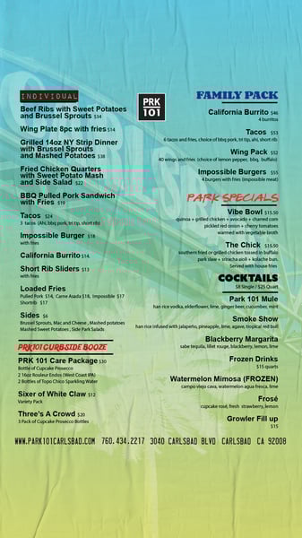 Curbside Pick Up Menu