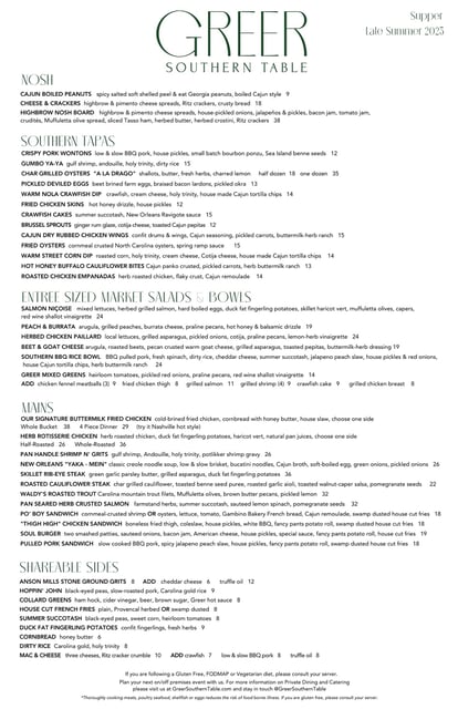Menu Greer Southern Table