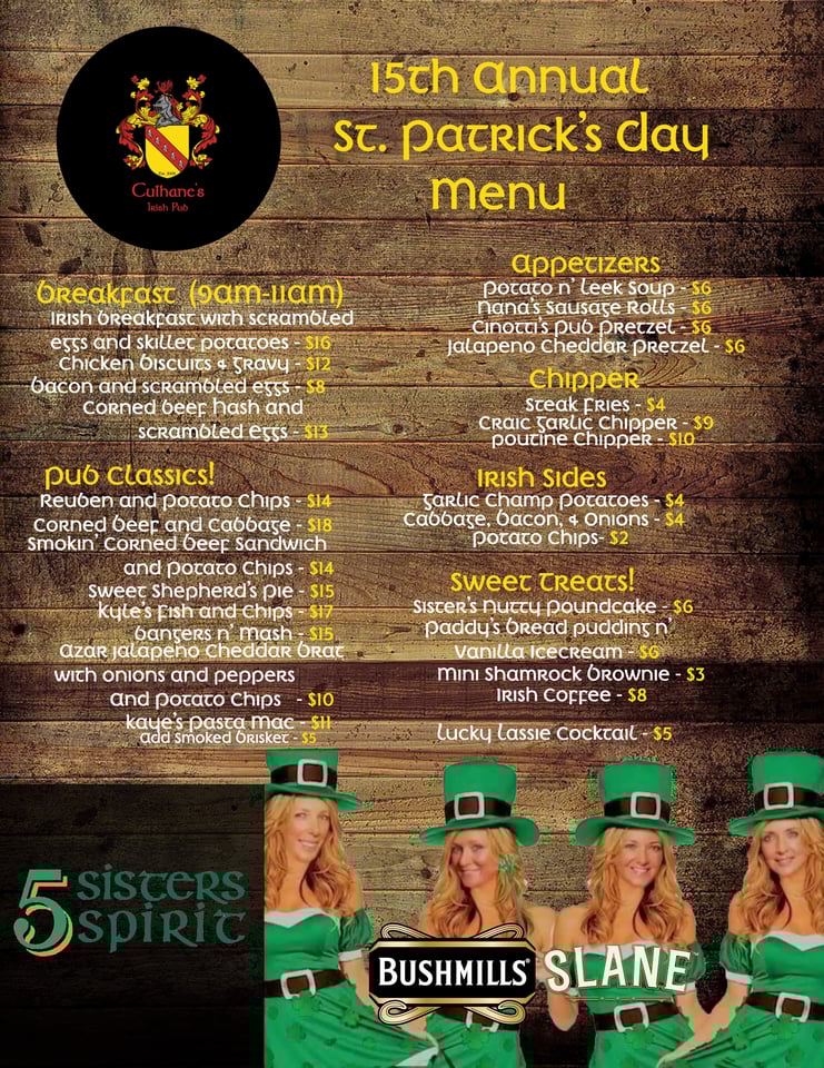 st. paddy's day menu