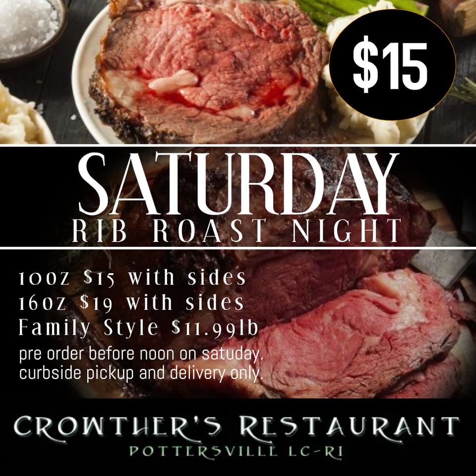 Rib Roast every Saturday! Delivery and Take-out only.