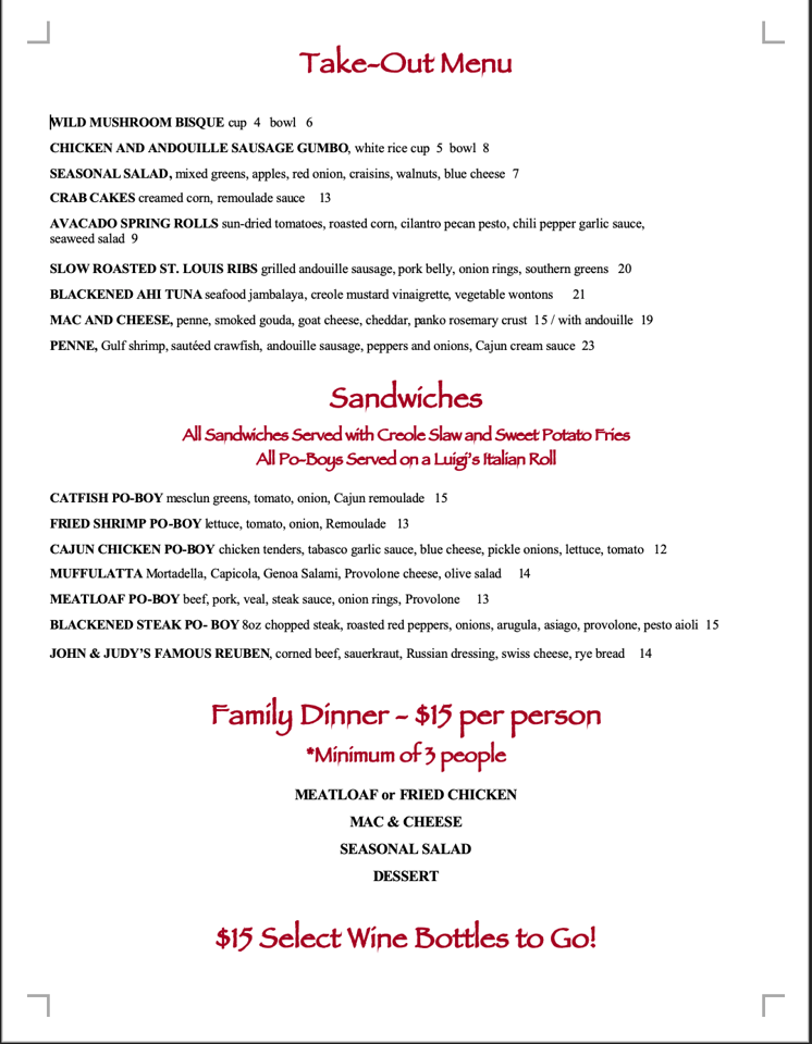 Special Take Out Menu