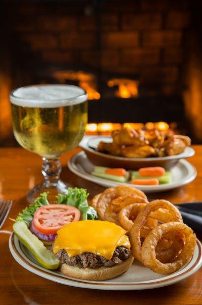 cheeseburger, onion rings, wings and beer