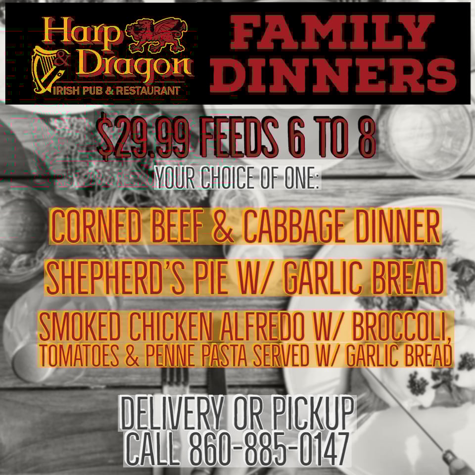 Harp and Dragon family meals are a great way to feed your entire family while keeping your budget in mind. Just 29.99 feeds a family of 6 to 8. Delivery and pick up is now available!