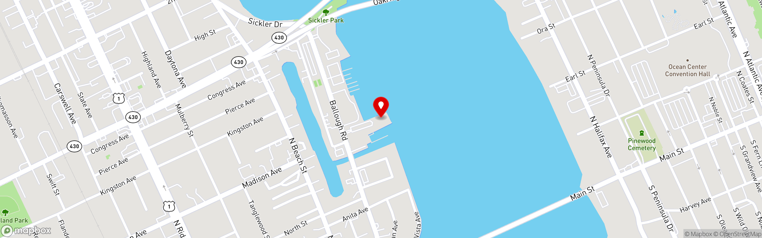Street map pinning Caribbean Jacks Waterfront Restaurant in Daytona Beach