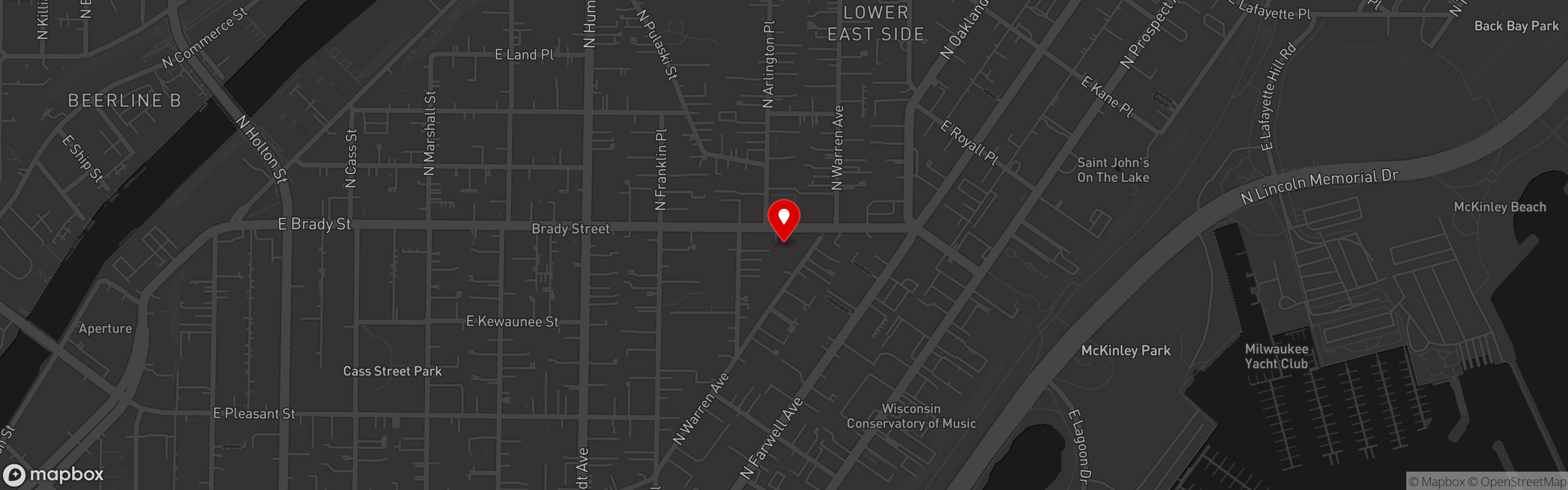 Street map pinning Jack's American Pub in Milwaukee