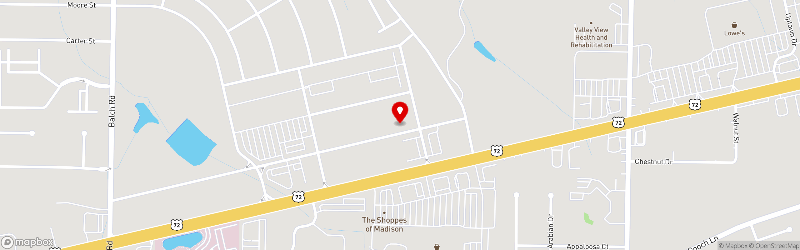 Street map pinning La Parrilla Mexican Restaurant in Madison, AL