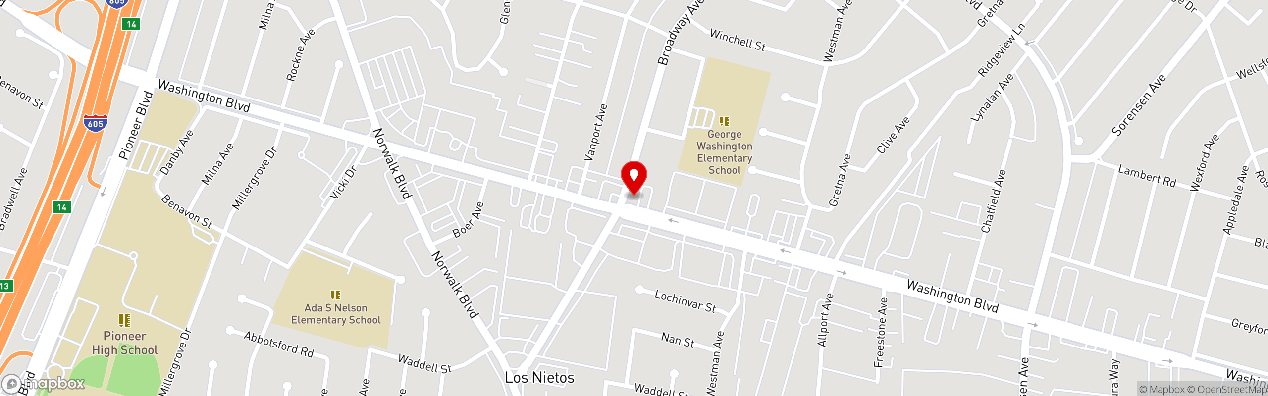 Street map pinning Rubi's Grill and Frosty Freeze in Whittier