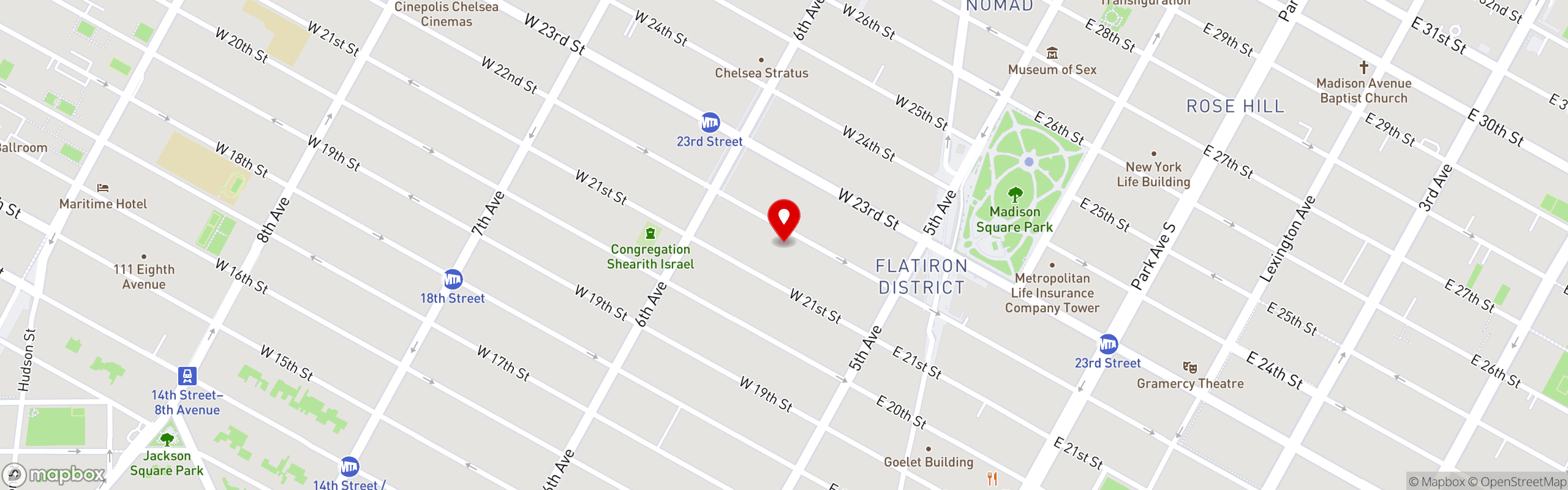 Street map pinning Honeybrains in Flatiron, NY
