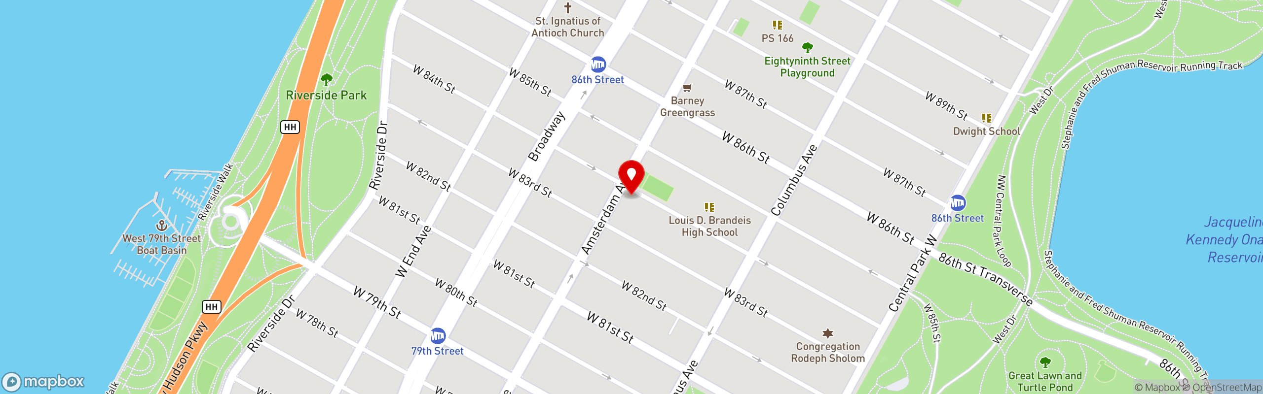 Street map pinning Honeybrains in Upper West Side, NY