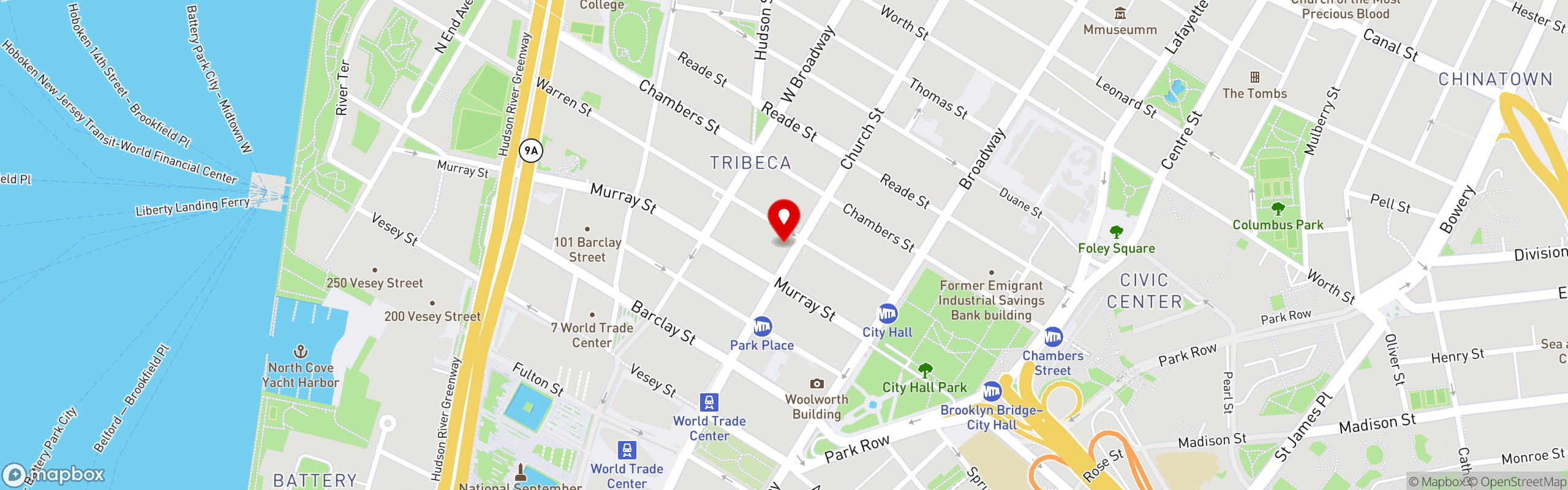 Street map pinning Honeybrains in Tribeca, NY