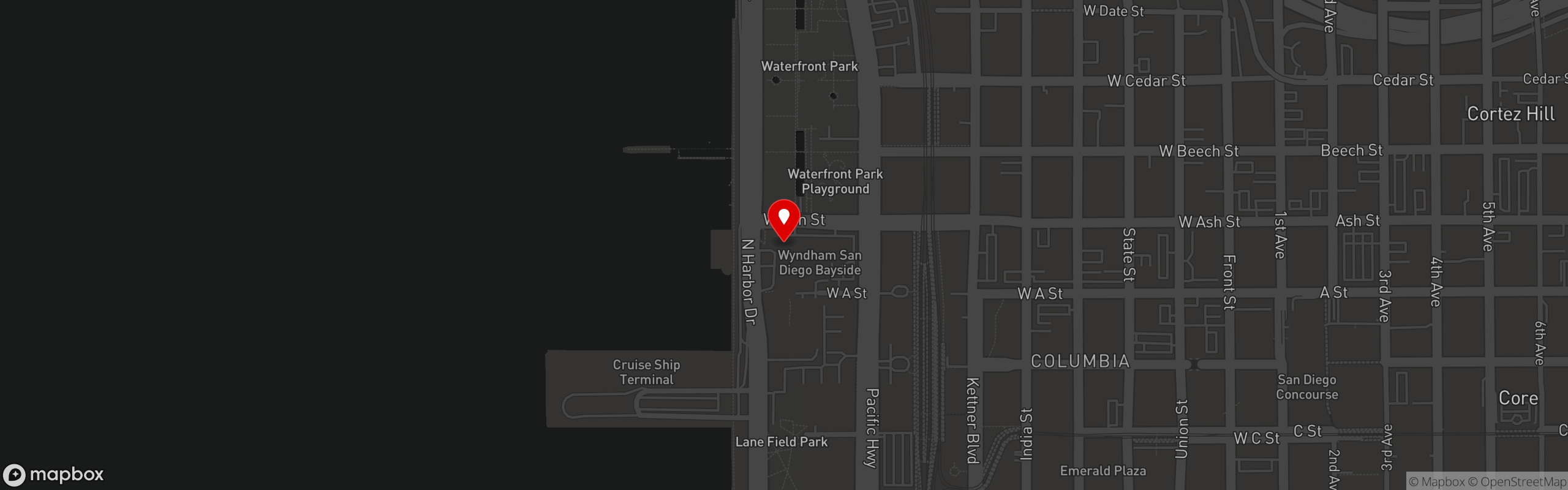 Street map pinning Claim Jumper Steakhouse & Bar in San Diego Bayside