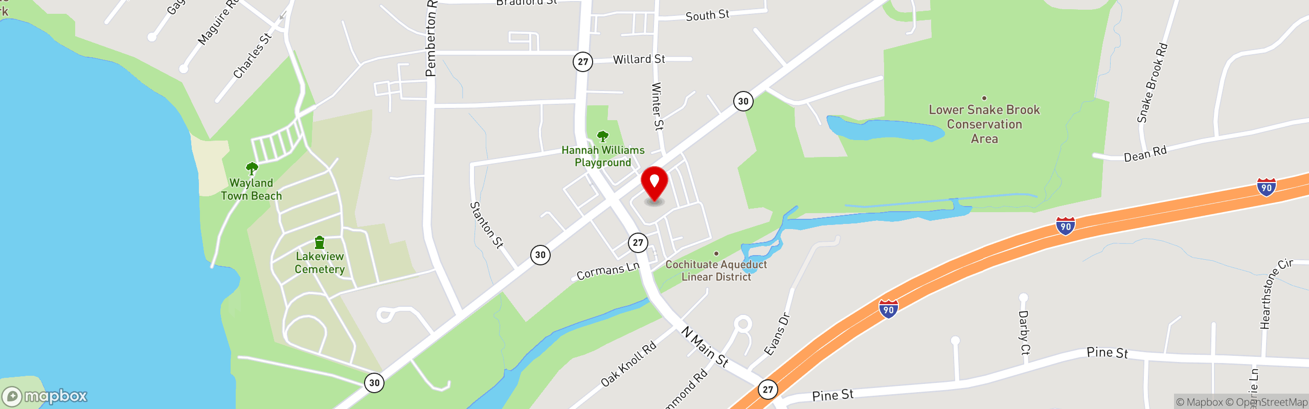 Street map pinning 110 Grill in Wayland, MA