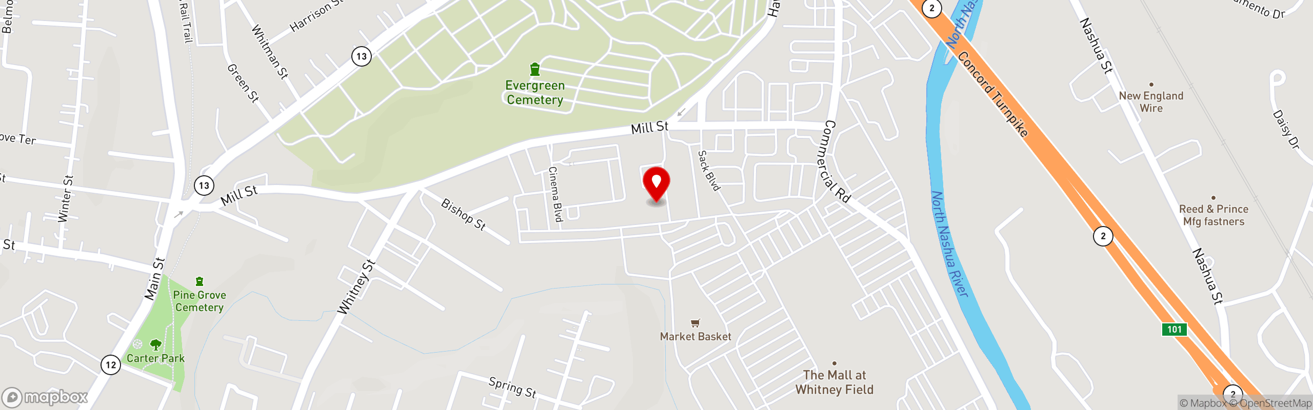 Street map pinning 110 Grill in Leominster, MA
