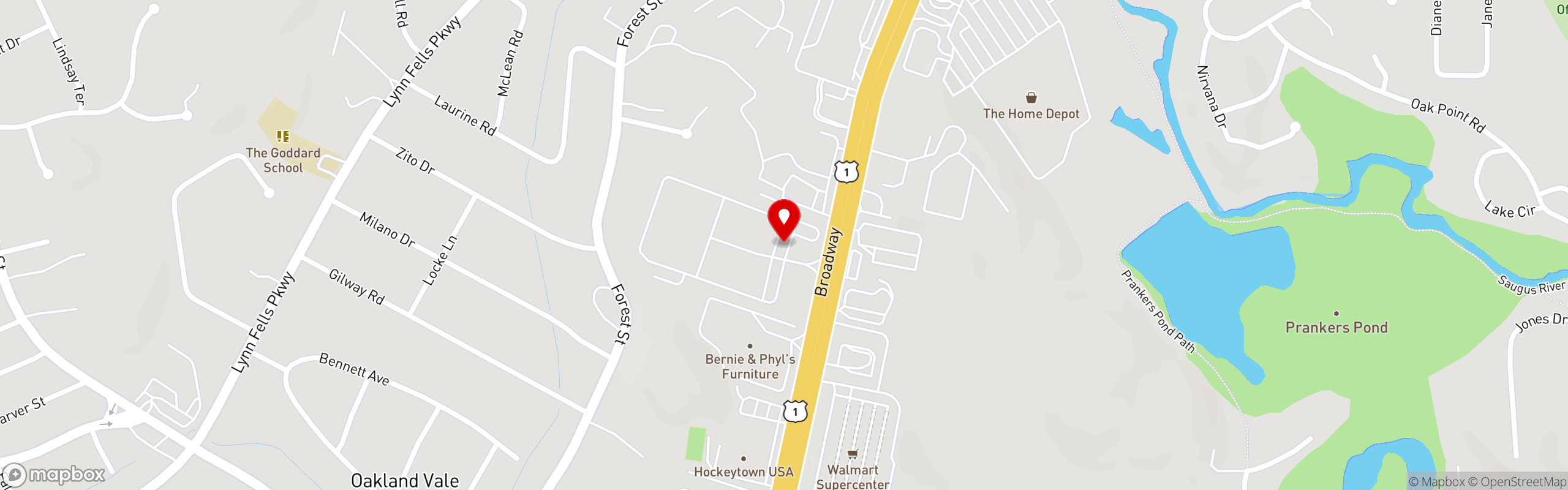 Street map pinning 110 Grill in Saugus, MA