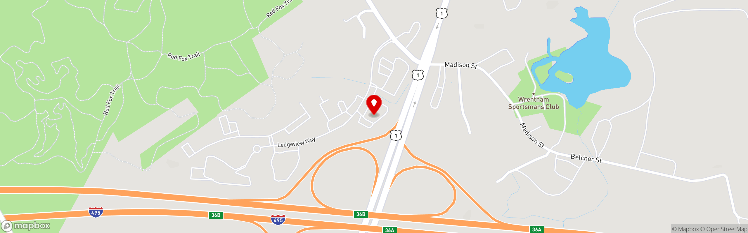 Street map pinning 110 Grill in Wrentham, MA