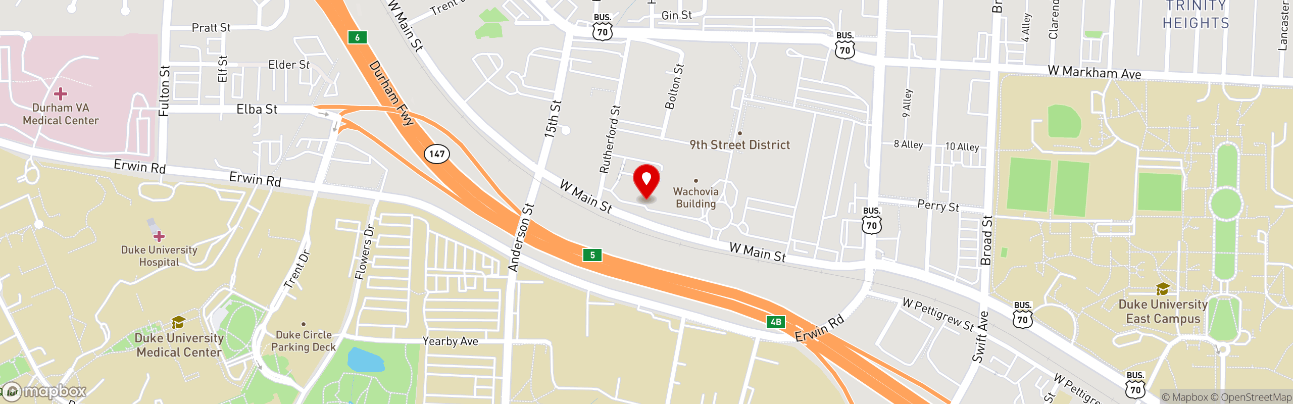 Street map pinning Shuckin' Shack - Durham in Durham, NC