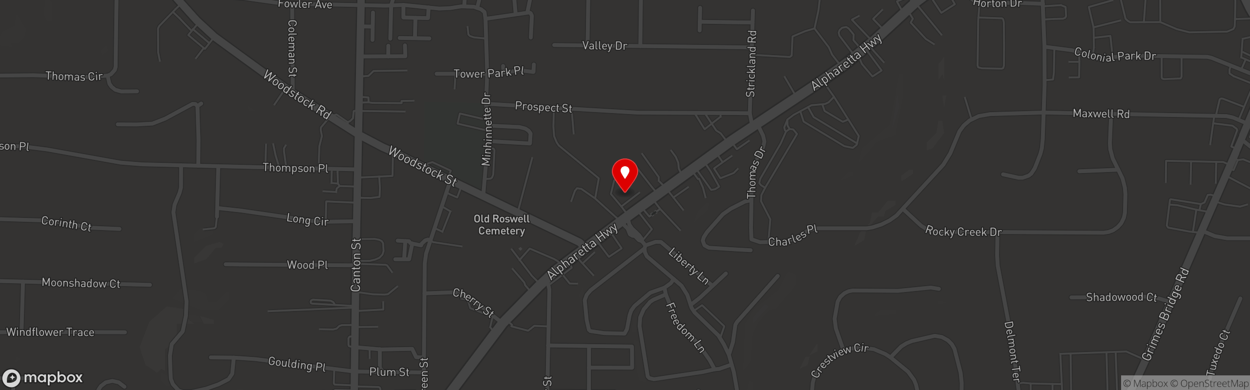 Street map pinning Lucky's Burger and Brew in Roswell
