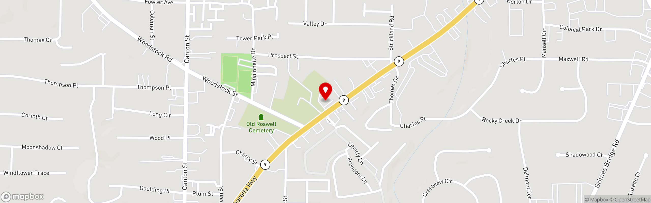 Street map pinning Lucky's Burger and Brew in Roswell