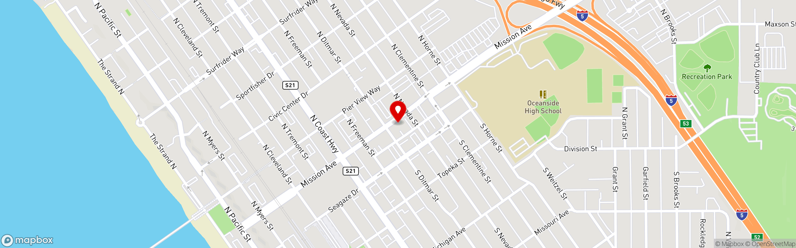Street map pinning Mission Ave Bar and Grill in Mission Ave Bar and Grill - Oceanside, CA