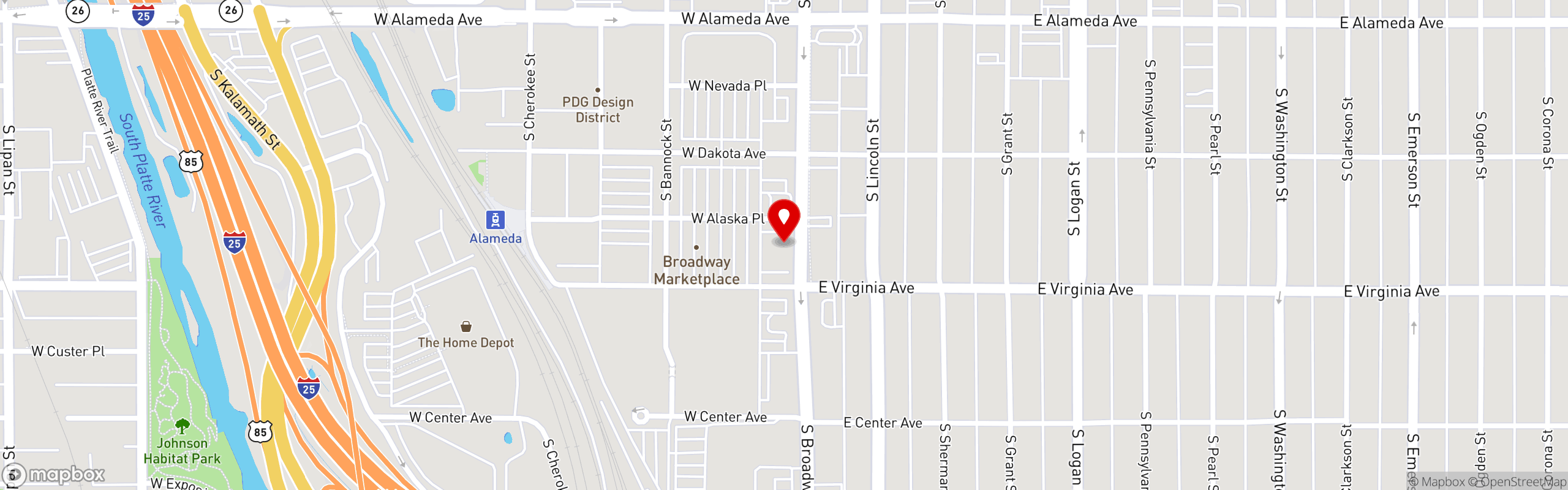 Street map pinning Blue Bonnet Restaurant in Denver